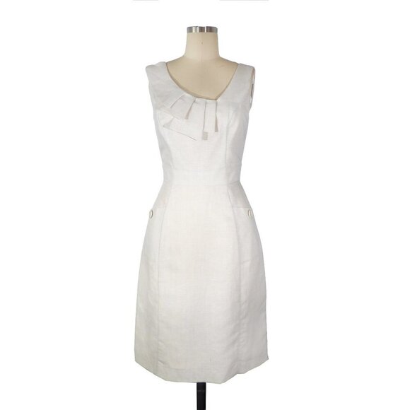 Burlapp Dresses & Skirts - Burlapp Ruffle Sheath Linen Dress Cream Sz Small Asymmetrical Neck Pockets Zip